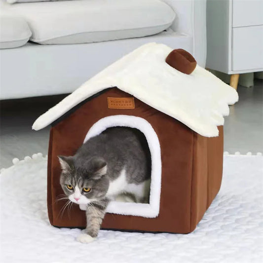Dropshipping Winter Cat Bed Foldable Indoor Cats Puppy Soft Warm Cave Pet House with Plush Soft Cushion Velvet Pet Dog House